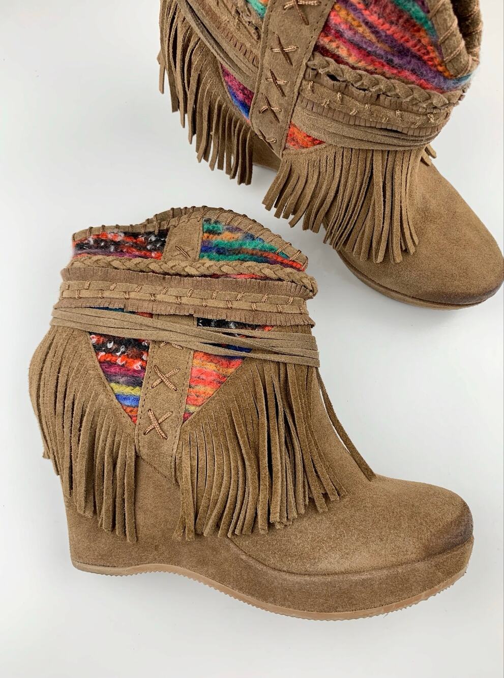 Naughty Monkey Trixie Tan Suede Boho Ankle Boots Fringe Wedge Heel Women's 10